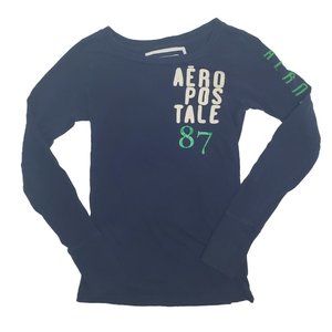 Aéropostale Dark Blue Long Sleeved Shirt Fitted Vintage Top size Medium 90s vtg